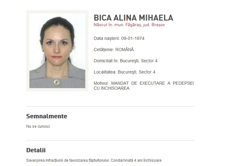 Alinei Bica, dată în urmărire. Fotografia fostei şefe DIICOT, pe site-ul Poliţiei Române