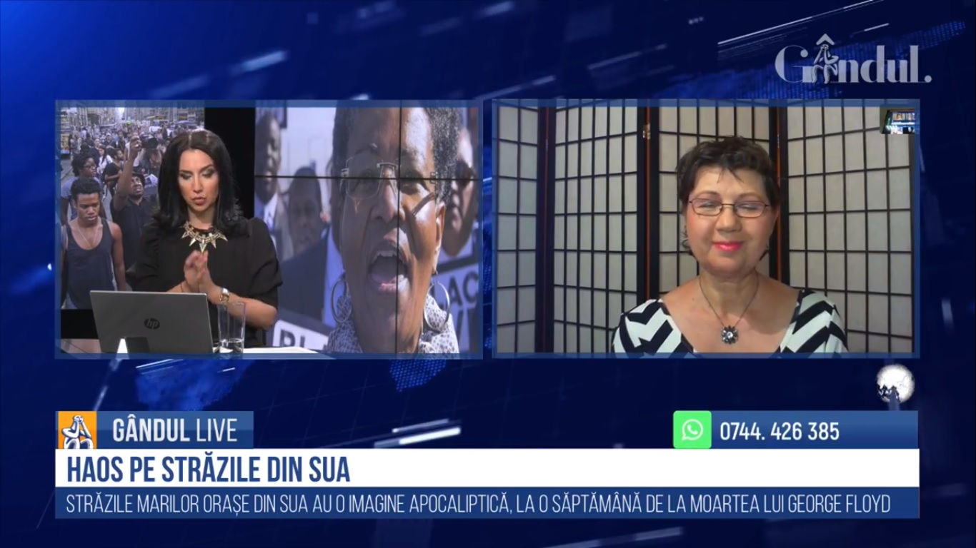 GÂNDUL LIVE. Corina Drăgotescu, jurnalist român stabilit în SUA: Criza provocată de cazul George Floyd a pus genunchiul pe gâtul Americii / Un mesaj al lui Donald Trump nu ar rezolva situația | VIDEO