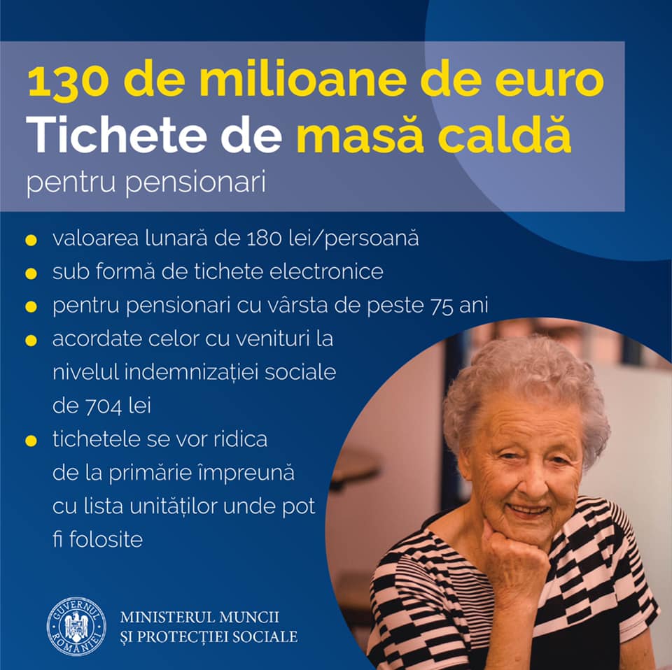 Pensionarii de peste 75 de ani cu o pensie socială minimă vor primi bonuri de masă printr-un program finanțat din fonduri europene. Ministrul Muncii: „Primăriile vor transmite atât tichetele către pensionari cât şi informaţii”
