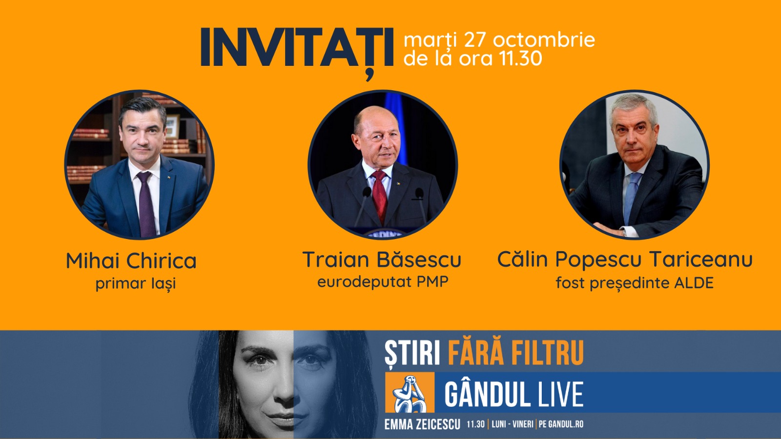 Călin Popescu Tăriceanu, fost președinte al ALDE, se află printre invitații Emmei Zeicescu la ediția Gândul LIVE de marți, 27 octombrie, de la ora 11.30
