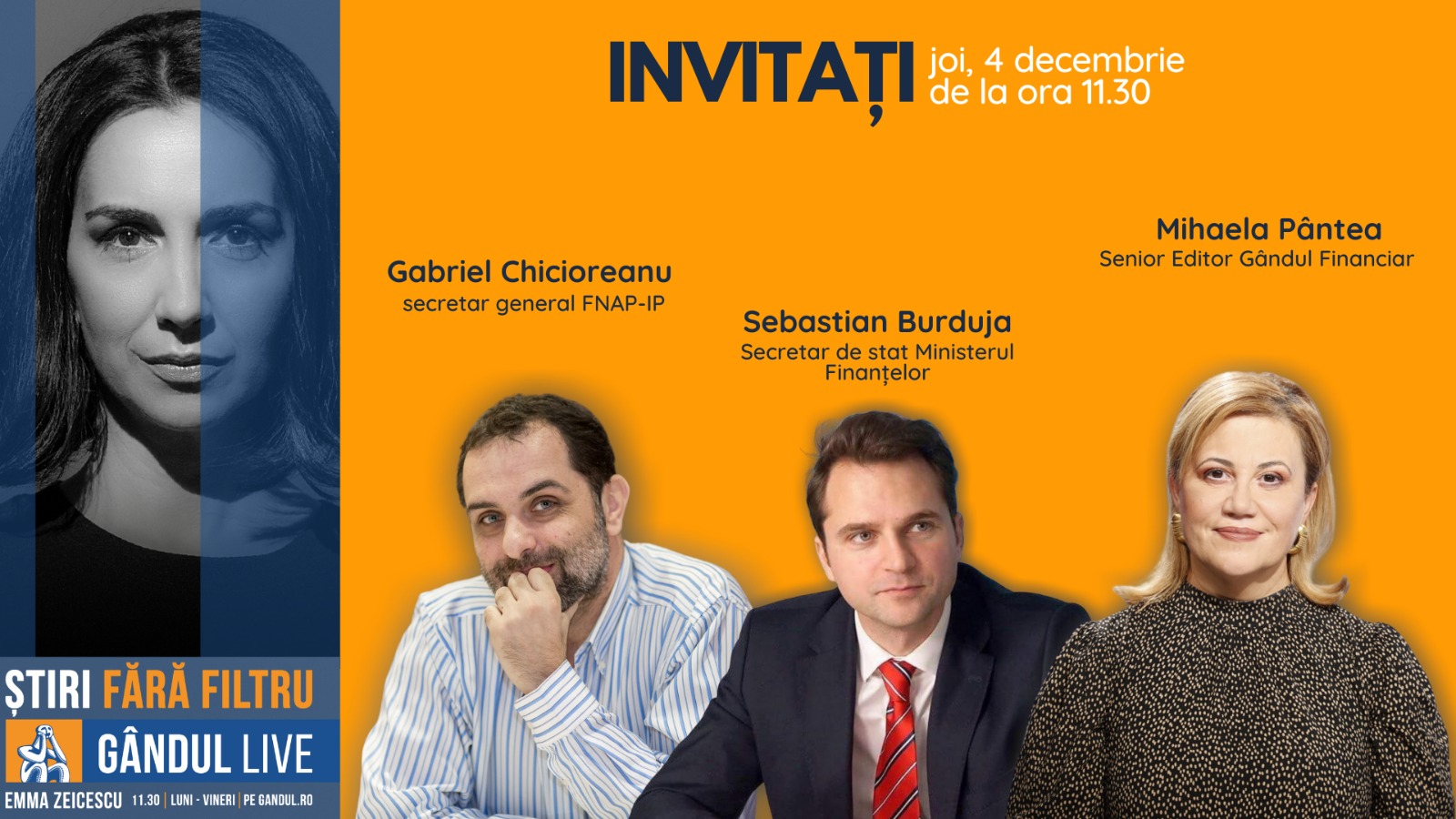 GÂNDUL LIVE. Sebastian Burduja, secretar de stat în Ministerul Finanțelor, se află printre invitații Emmei Zeicescu la ediția de vineri, 4 decembrie 2020, de la ora 11.30