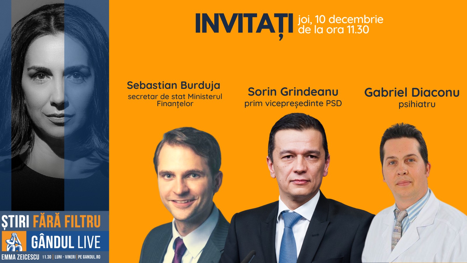 GÂNDUL LIVE. Fostul premier Sorin Grindeanu, prim-vicepreședinte PSD, se află printre invitații Emmei Zeicescu la ediția de joi, 10 decembrie 2020, de la ora 11.30