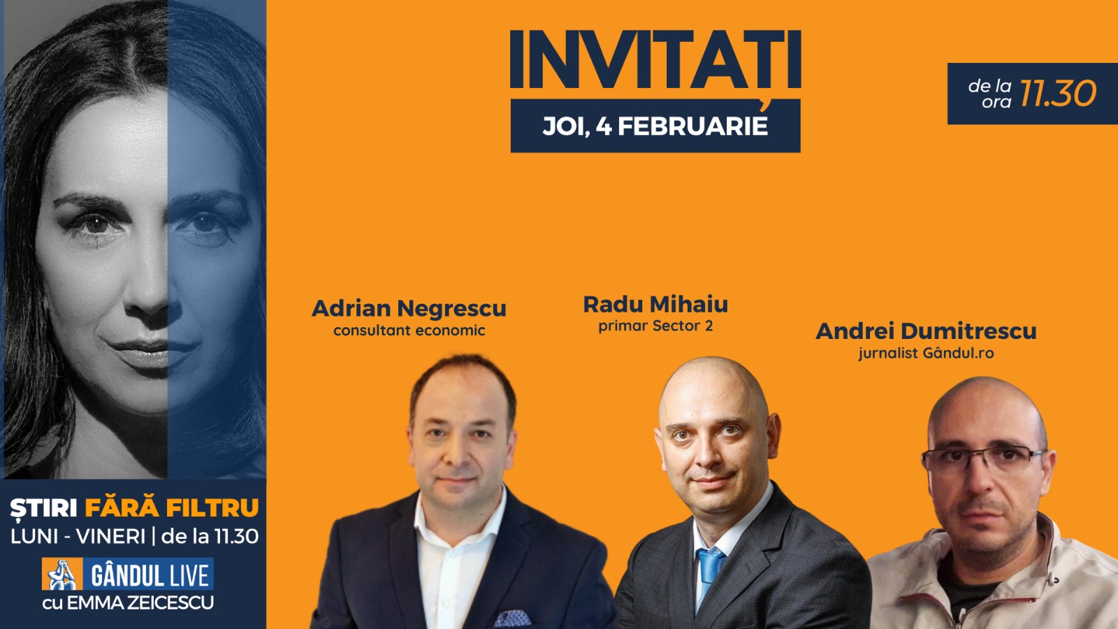 GÂNDUL LIVE. Primarul Sectorului 2, Radu Mihaiu, se află printre invitații Emmei Zeicescu la ediția de joi, 4 februarie 2021, de la ora 11.30