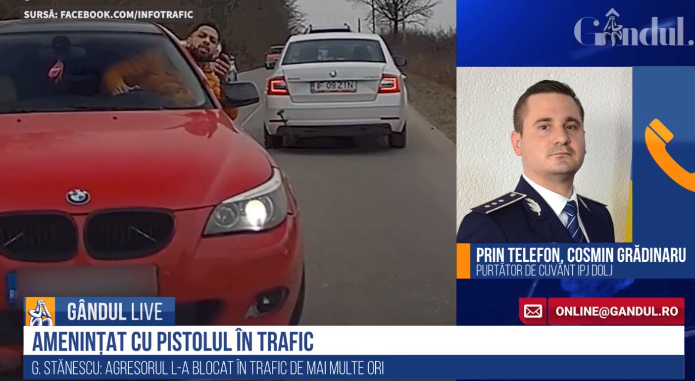GÂNDUL LIVE. Purtătorul de cuvânt al IPJ Dolj, despre cazul șoferului amenințat cu pistolul: „Nu a fost găsit niciun pistol la momentul respectiv” – VIDEO