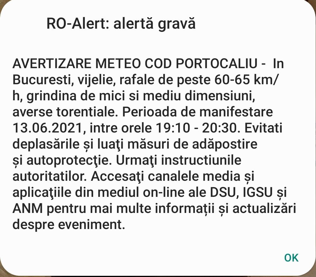 Avertizare RO-ALERT pentru Capitală, valabilă până la ora 20:30