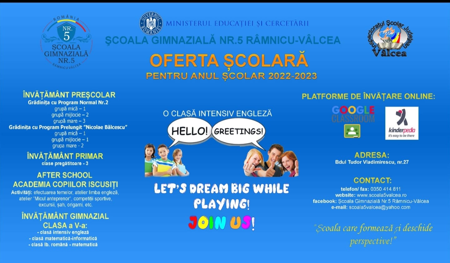 Oferta Şcolară pentru anul şcolar 2022 – 2023