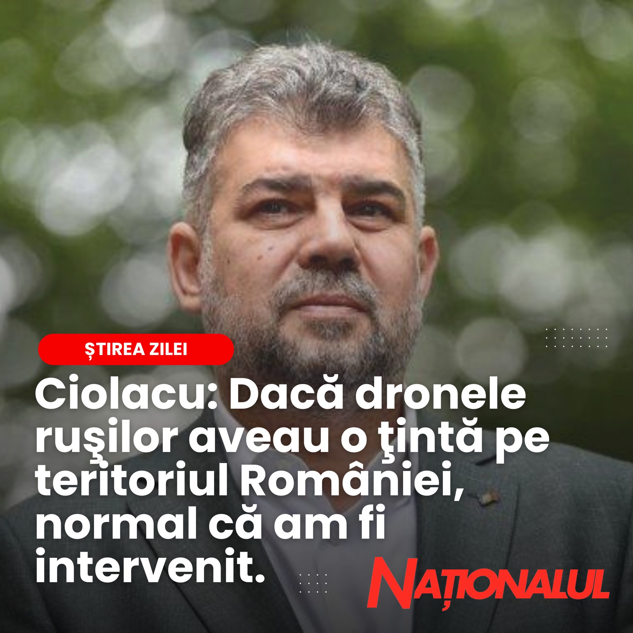 Ciolacu: Dacă dronele ruşilor aveau o ţintă pe teritoriul României, normal că am fi intervenit. Ciolacu: Dacă dronele ruşilor aveau o ţintă pe teritoriul României, normal că am fi intervenit.