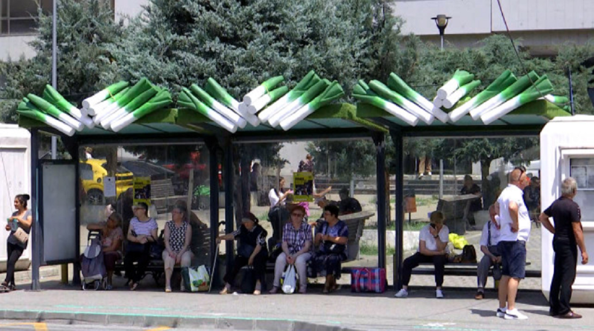 Staţiile de autobuz din Craiova, acoperite cu decoraţiuni în formă de legume sau fructe. PRAZUL, vedeta incontestabilă a zonei, este la loc de cinste