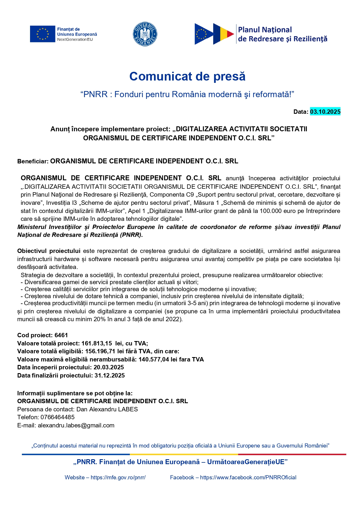 O.C.I. SRL lansează proiectul de digitalizare prin fonduri PNRR pentru o Românie modernă și reformată