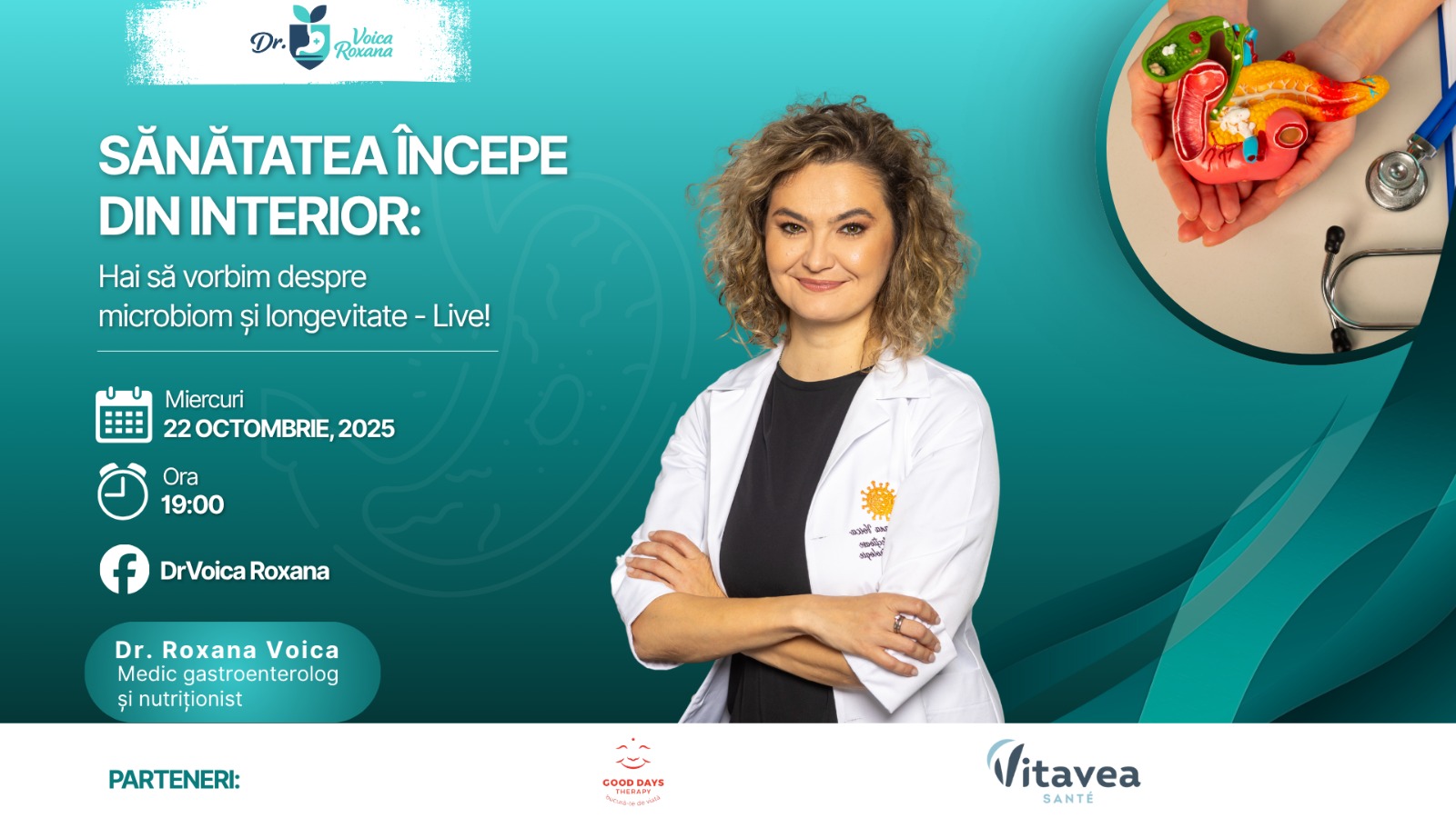 Dr. Voica Roxana susține un eveniment LIVE despre longevitate și rolul microbiomului în menținerea sănătății Dr. Voica Roxana susține un eveniment LIVE despre longevitate și rolul microbiomului în menținerea sănătății