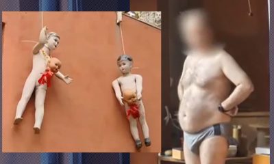 Imagini șocante. Un exhibiționist iresponsabil terorizează o școală din București. Manechine de copii spânzurate pe balcon de Halloween