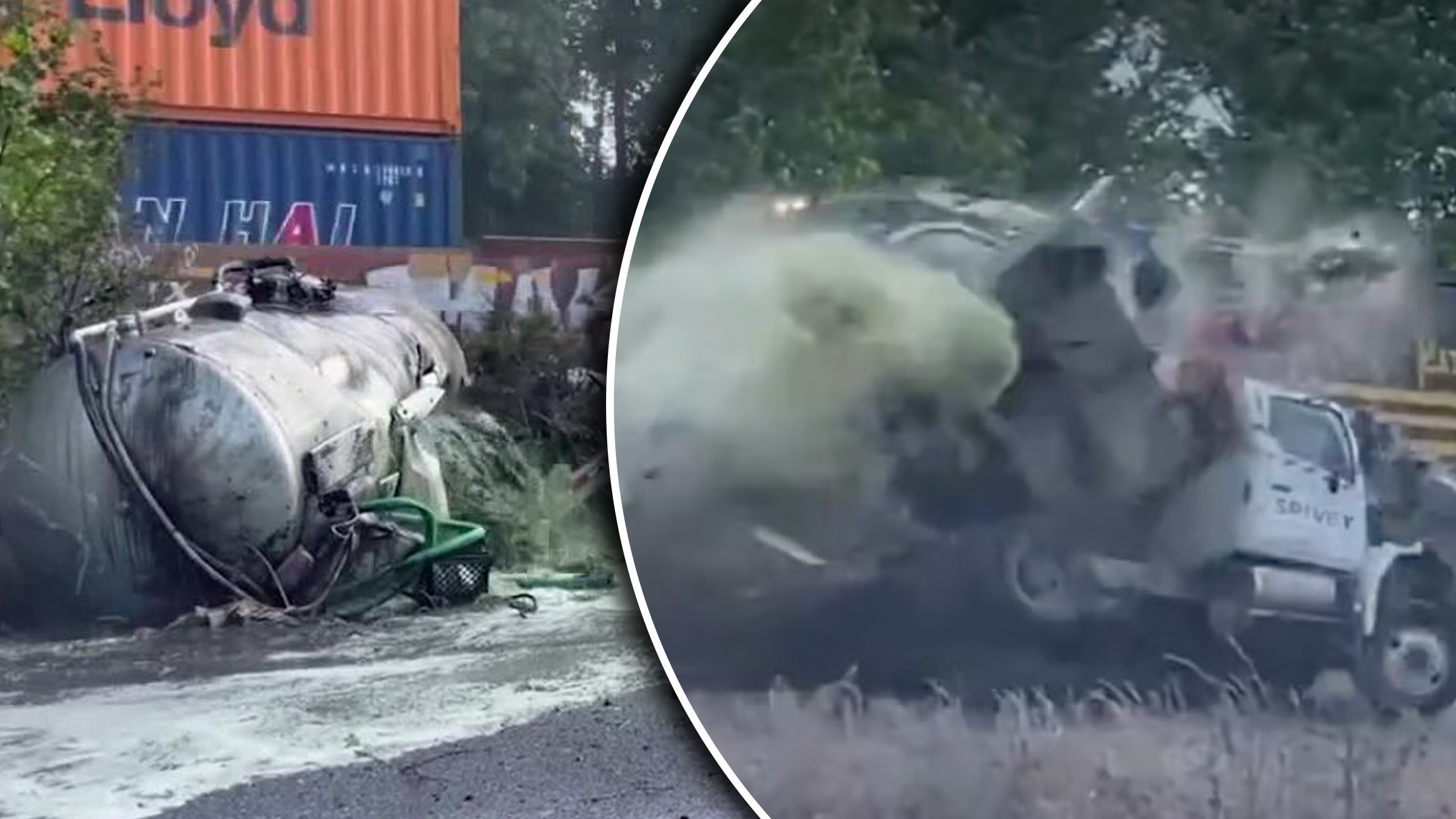 Momentul în care un tren de marfă s-a izbit de un camion. Încărcătura din camion s-a împrăștiat peste tot