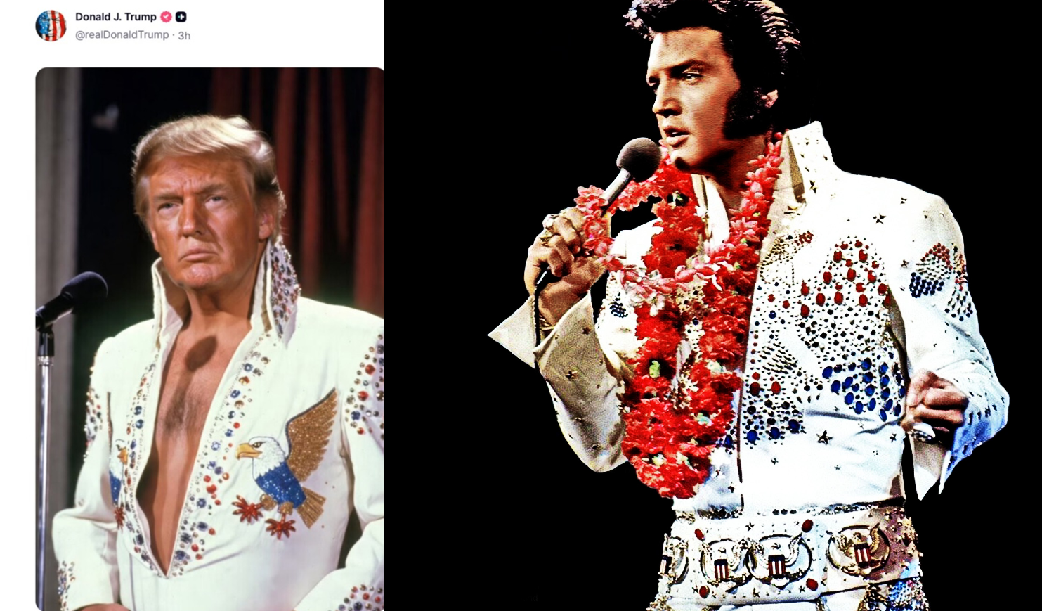 Donald Trump a folosit AI pentru a se costuma în Elvis în pragul comemorării a 49 de ani de la moartea regelui rock’n’roll
