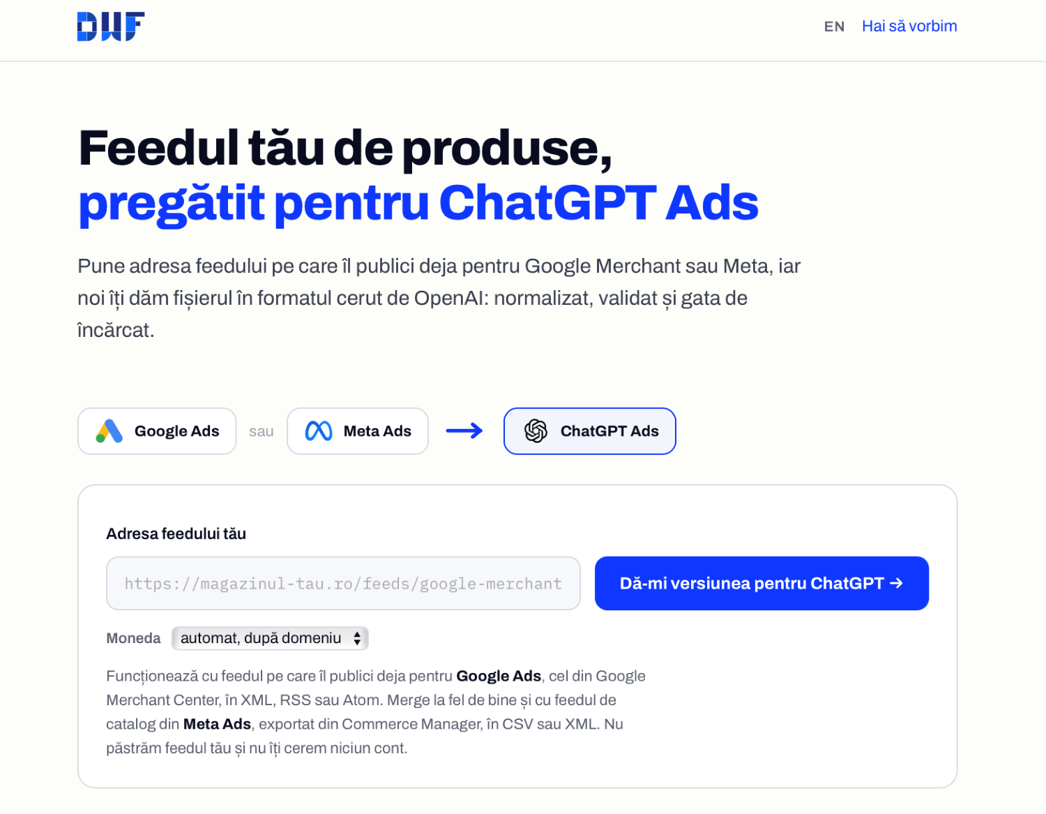 Primele campanii ChatGPT Ads din România s-au blocat la feedul de produse. DWF construiește şi publicǎ gratuit soluția: chatgptads.dwf.ro