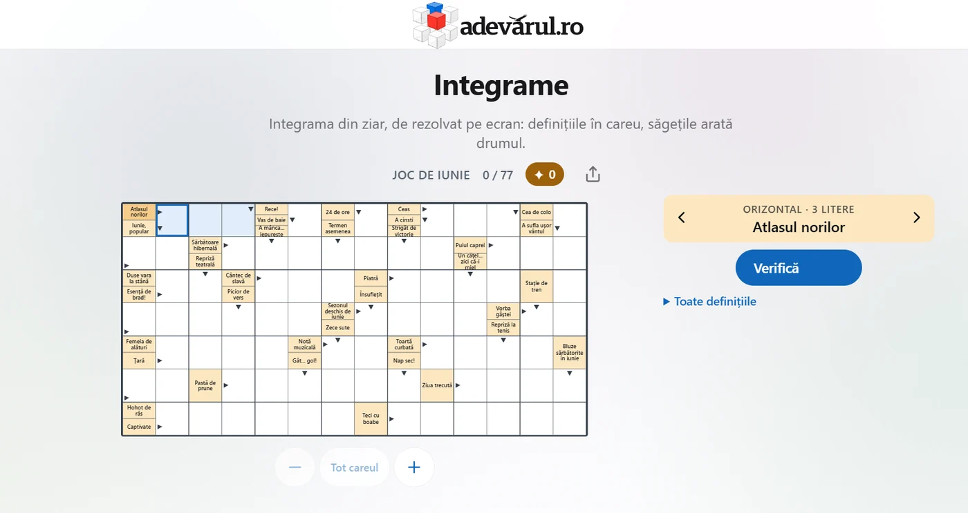 Jocurile zilei de la „Adevărul”. Integrama de joi, 22 octombrie, are 77 de definiții interesante cu tema „Joc de iunie”