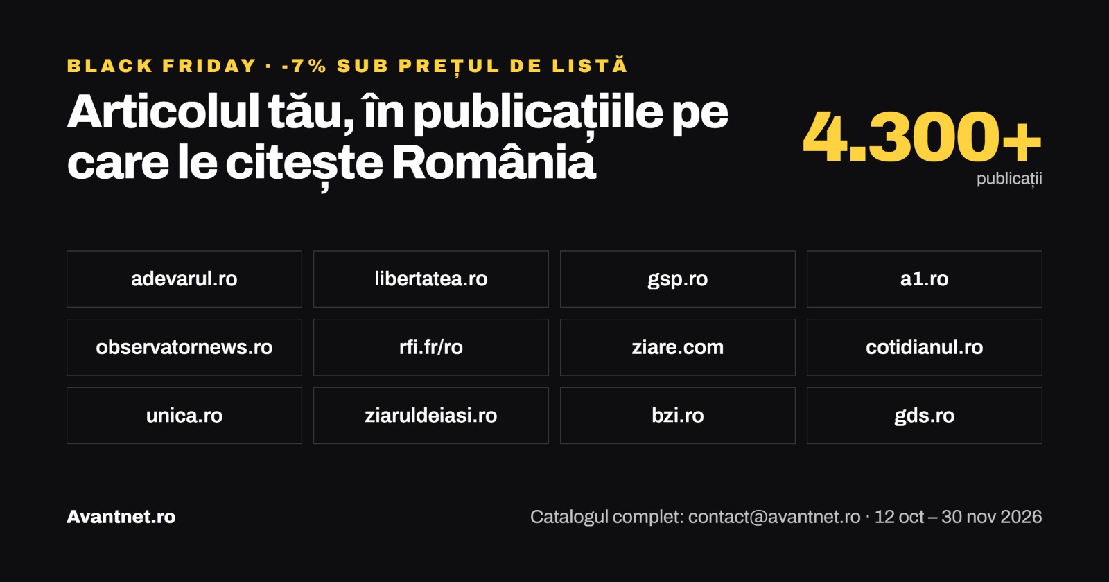 Black Friday 2026: Avantnet.ro oferă magazinelor online articole sponsorizate cu 7% sub prețul de listă, pe peste 4.300 de publicații din România